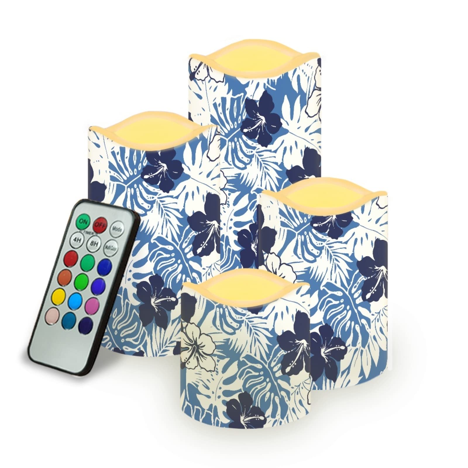 Kuiaobaty Hawaii Flowers Remote Control Led Candles Hibiscus Leaves Realistic Battery Operated Fake Candle with Warm White Bulb