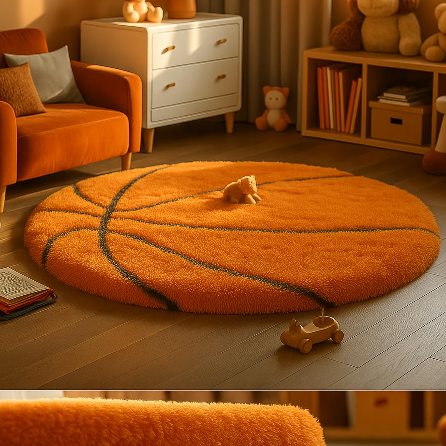 Xenluxe Basketball 3x3 feet Carpet for Kids Room – Soft Orange Round Rug, Non-Slip Floor Mat for Bedroom, Nursery, Playroom & Sports Theme Décor (3x3 feet, Orange, Round). 3
