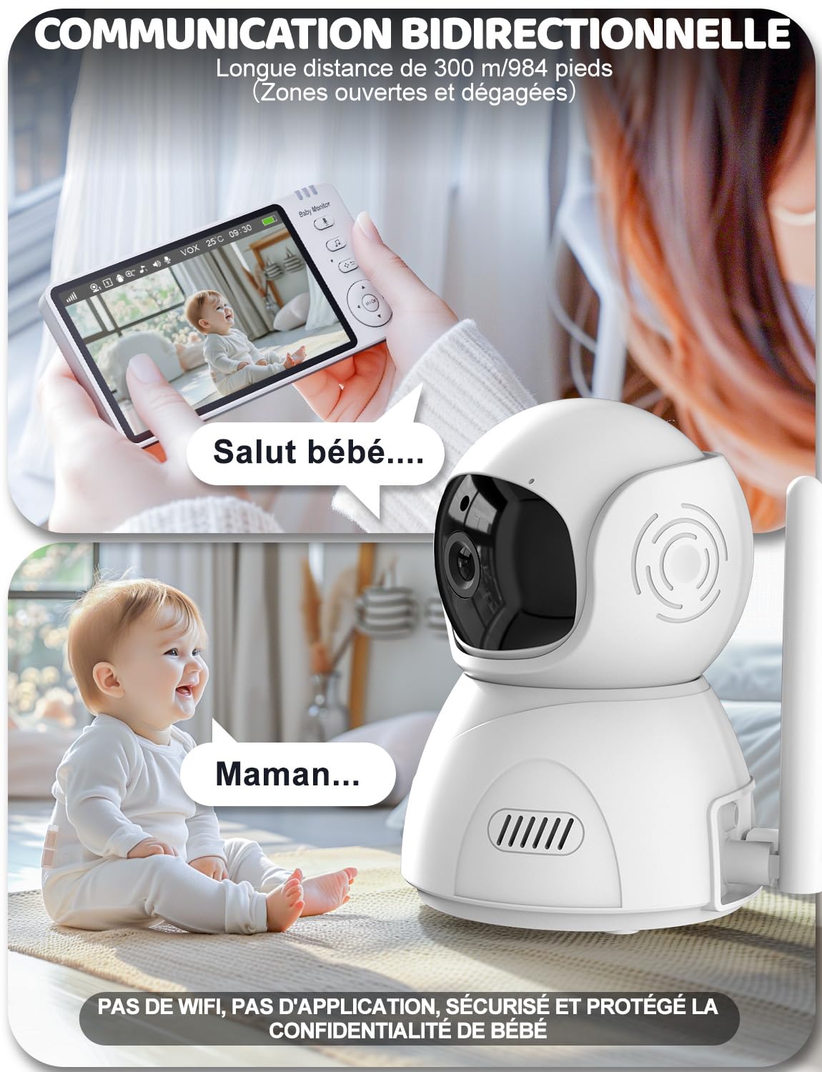 OBVHNUA 5 Pouces Babyphone Camera 720P HD Caméra Bebe Babyphone Video sans Fil Moniteur Bébé avec 2X-4X Zoom Pan-Tilt Vision Nocturne VOX Interphone 8 Berceuses 5 Réveil Température Temps