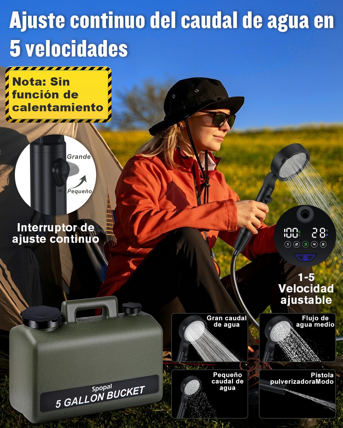 Spopal Ducha Portatil Camping, [Pantalla Temperatura] 10000mAh Recargable Ducha Camper con 20L Garrafa Agua de Plástico, Modo de 5 Velocidad, Ducha Electrica para Acampar, Ducha de Playa & Perros