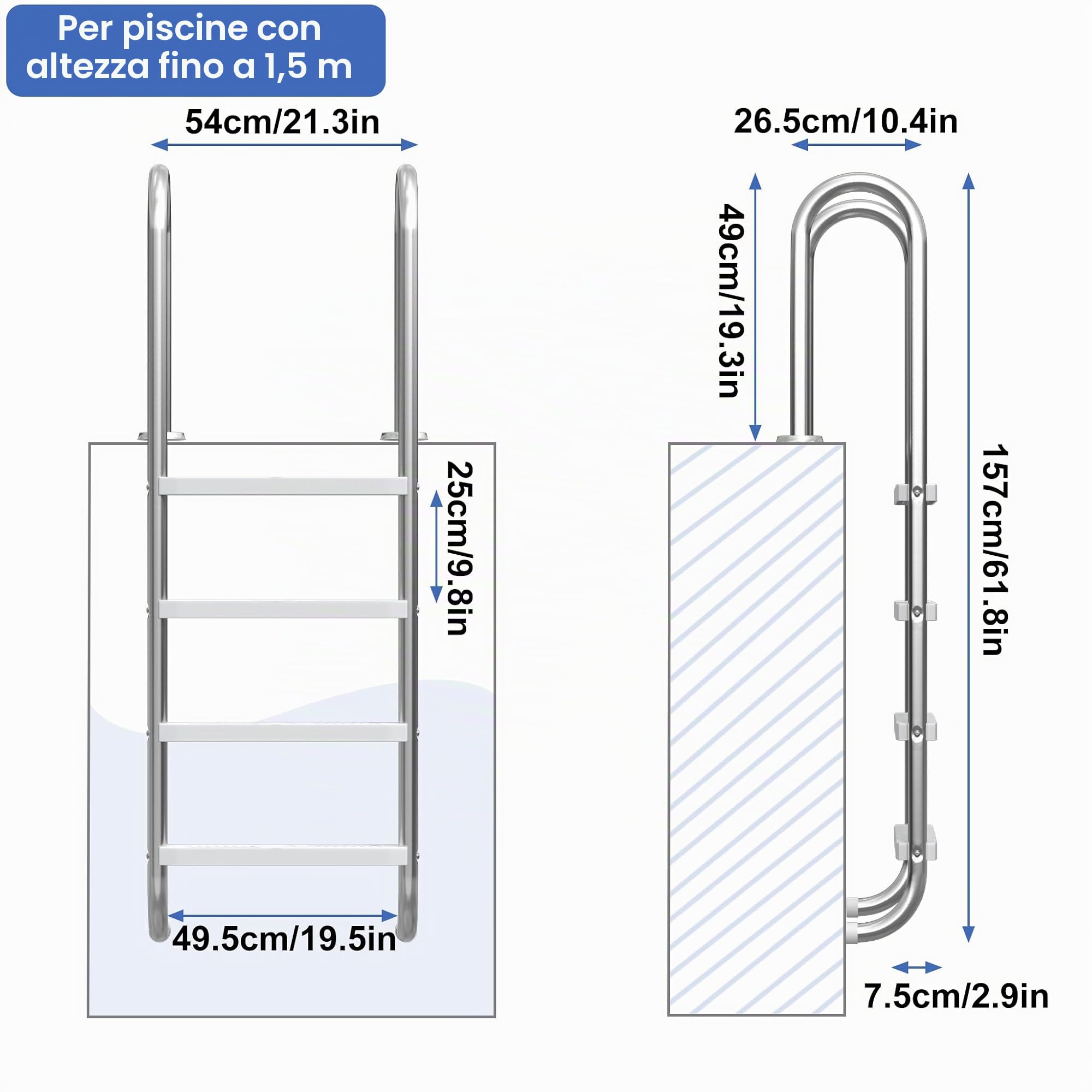 UISEBRT 304 - Scala per piscina in acciaio inossidabile con 4 gradini | 157 x 54 x 26,5 cm - Argento | Scala da piscina con antiscivolo | Scala per l'ingresso a piscina e vasca | Resistente fino a 150