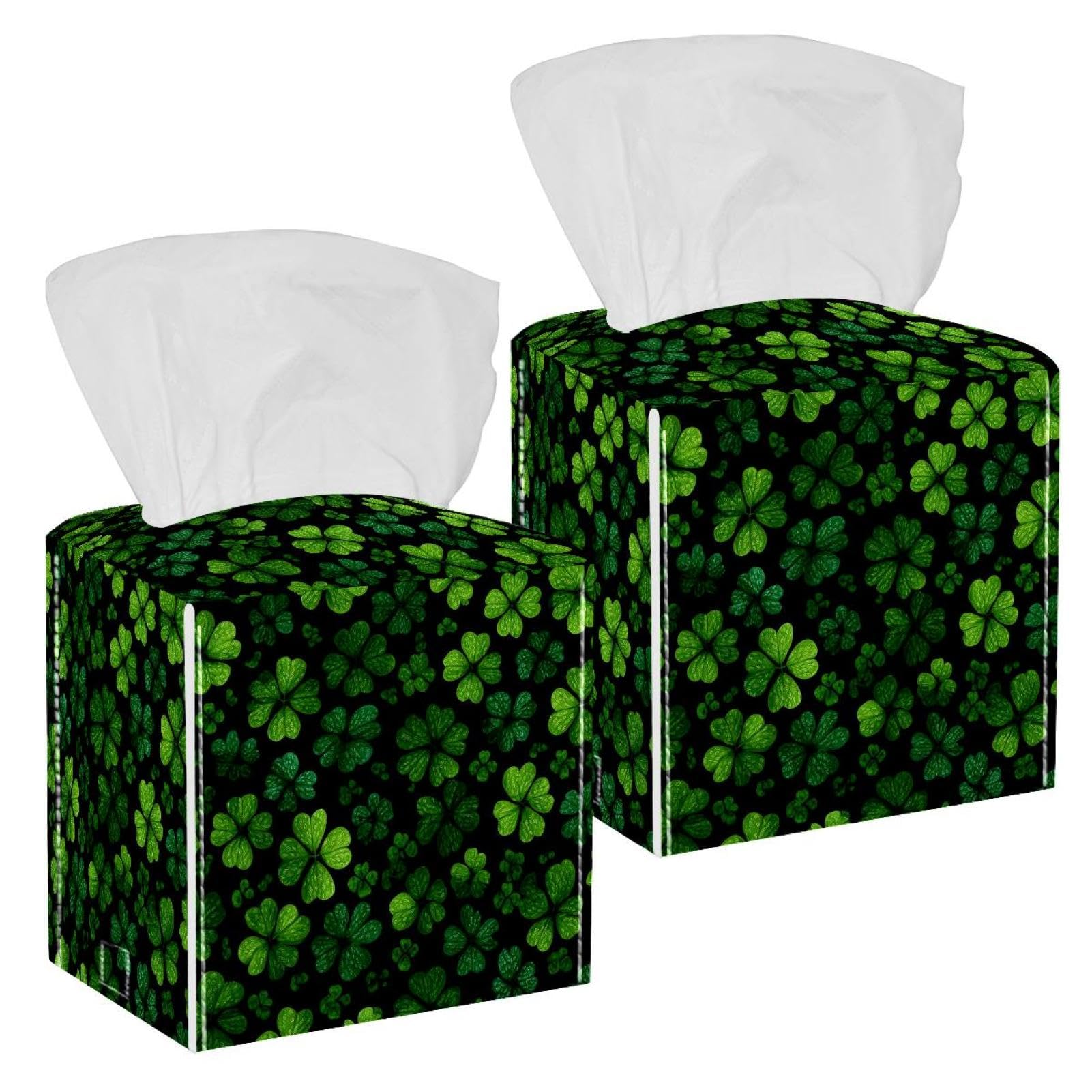 Clovers Tissue Box Cover, 2 Pack PU Leather Square Facial Tissue Dispenser Box holder for Home Office Car