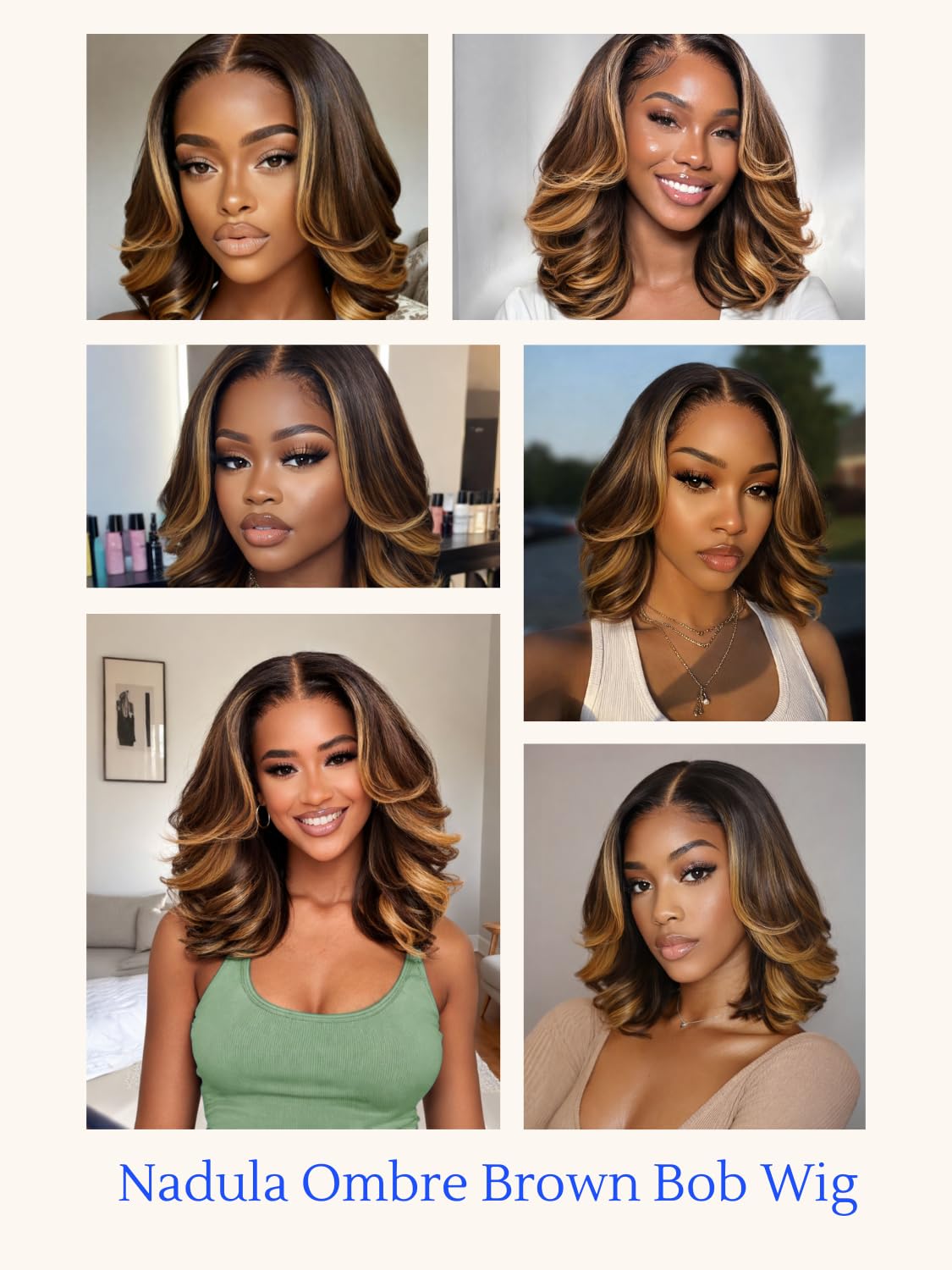 Nadula 13x4 HD Ombre Brown Wavy Bob Drawstring Wig Human Hair with Blonde Face Framing Layers Bangs,Pre Everything Glueless No Slip Wig Pre Plucked Ready to Wear Short Highlight Wavy Bob Wig 14inch