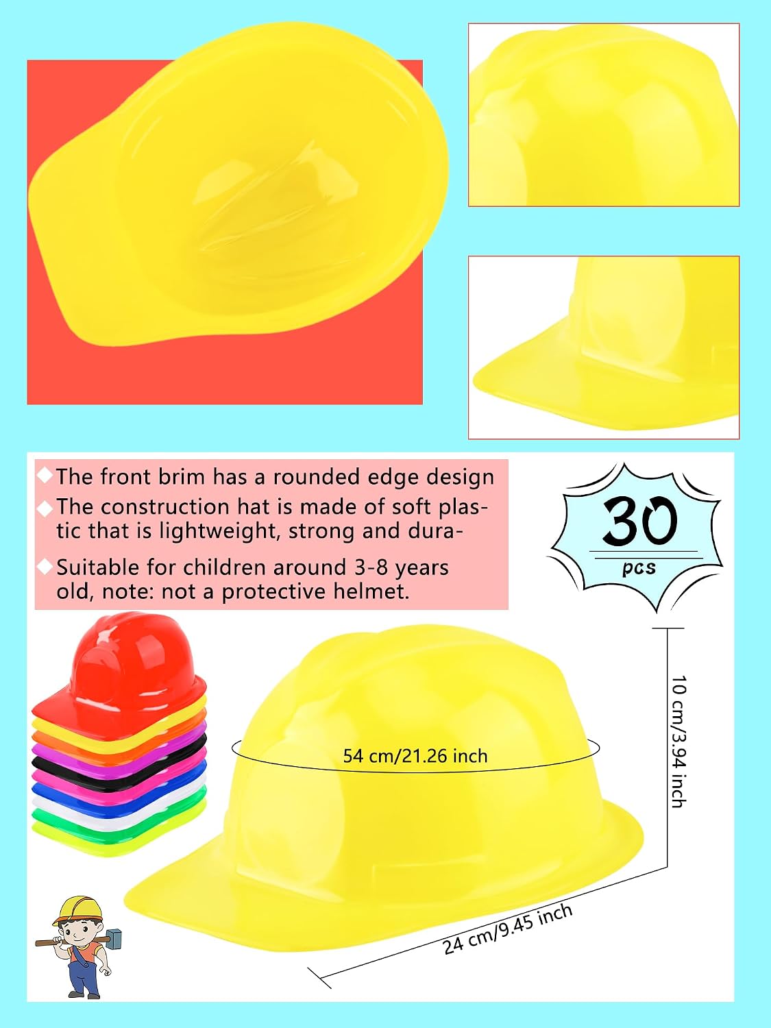 30 Pcs Kids Construction Worker Hats Bulk Soft Plastic Construction Helmets Safety Worker Caps for Kids Halloween Dress Up Children Construction Party Favor, 10 Colors