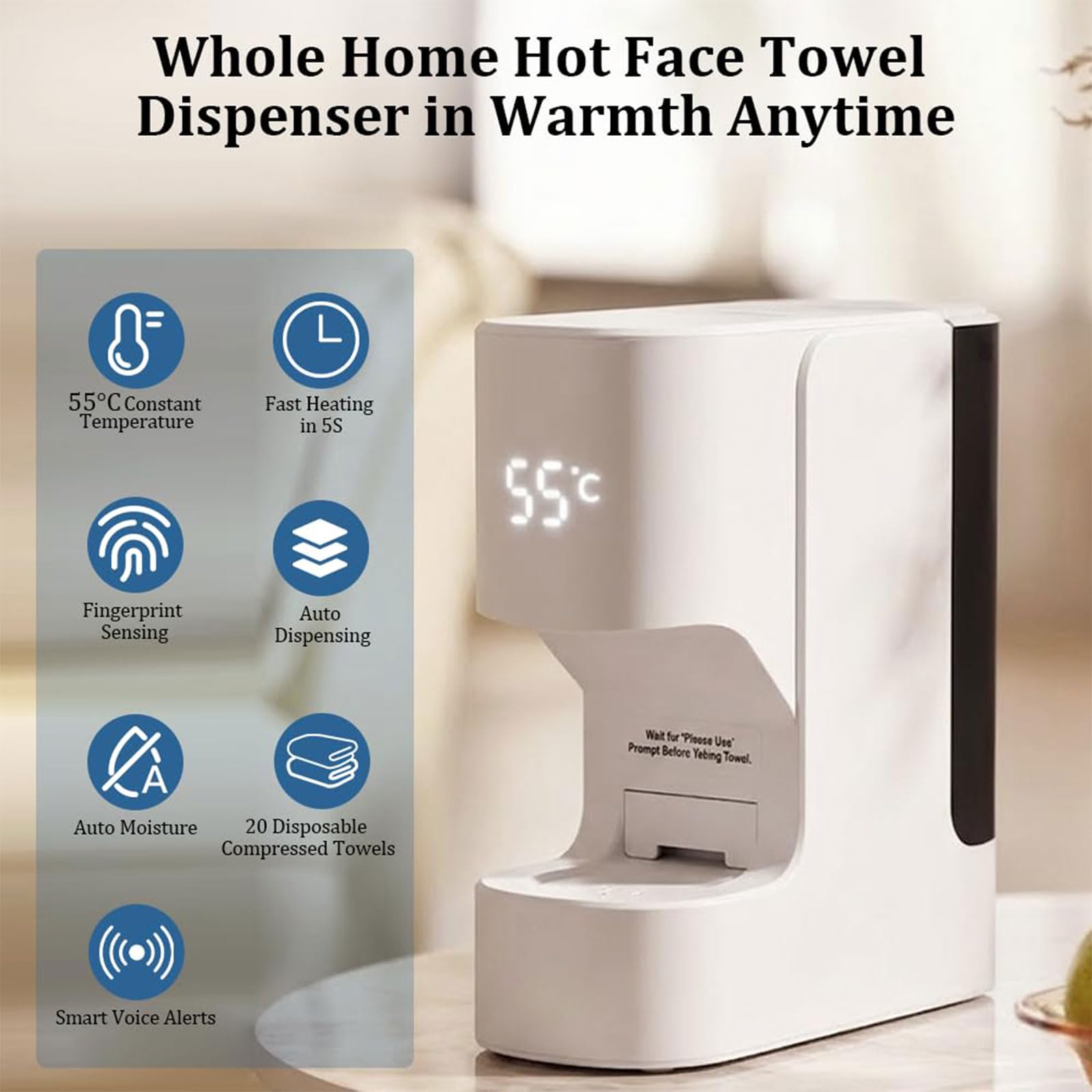 Distributeur de Serviettes Chaudes Intelligent, Machine Chauffante pour Serviettes Visage avec 40 Serviettes Compressées Douces Jetables, Température Constante à 55℃ & Chauffage en 5s