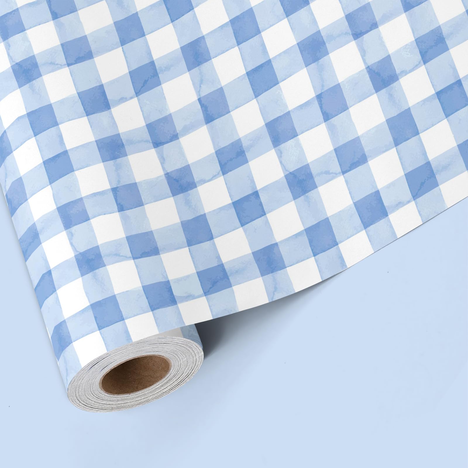 BIOBROWN Blue Gingham Wrapping Paper Roll,Baby Boy Shower Gift Wrap for Mom-to-Be, Newborn & Birthday, Premium Cute Blue Checked Gift Paper, 43cm x 10m