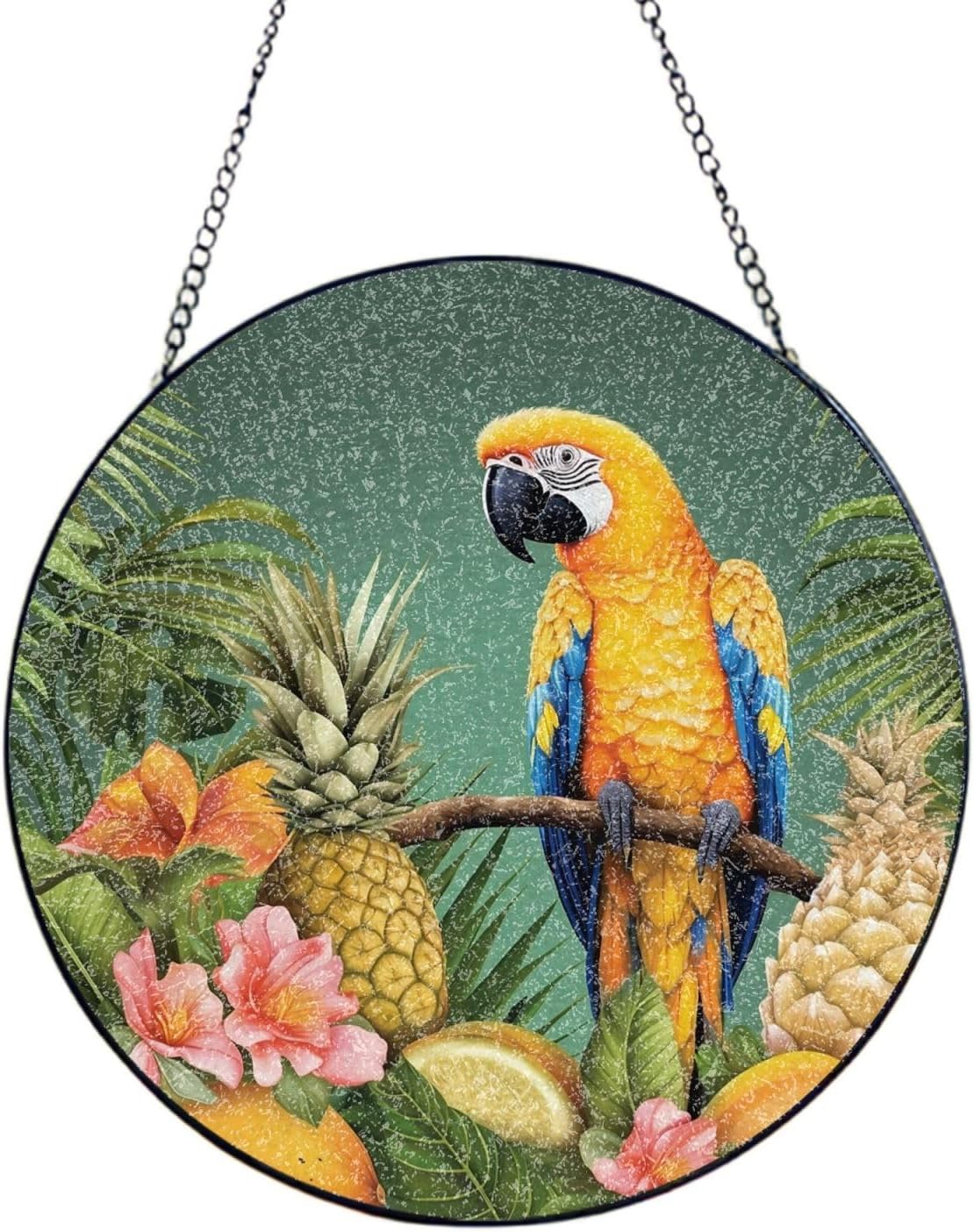Stained Glass Window Hanging 6in（15cm）, Summer Parrot Pineapple Bird Glass Suncatcher for Home Decor, Indoor Wall Art Glass Panel with Metal Chain and Hooks, Sun Catcher Ornament Birthday Gifts