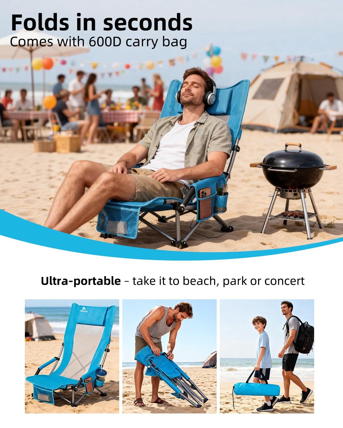 Abahub Strandstuhl Klappbar 120Kg mit Hochlehner Tragetasche Blau | Leicht Beach Chair Campingstuhl Faltbar Strandsitz Campingstuhl Klappstuhl Strand Bequem Tragbar Outdoor Camping 2 Stück