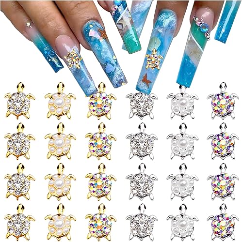 Dijes de uñas de tortuga para uñas acrílicas, 24 piezas de diamantes de imitación metálicos plateados dorados, accesorios Y2K para suministros de