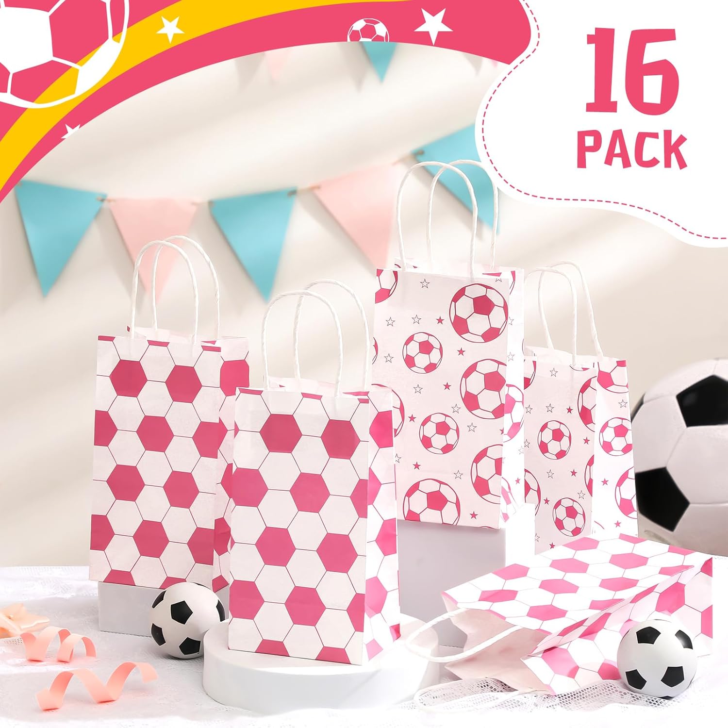 Eersida 16 Pcs Pink Soccer Goodie Bags Pink Soccer Gift Bags Bulk Candy Treat Favor for Team Game Day Birthday Party Supplies
