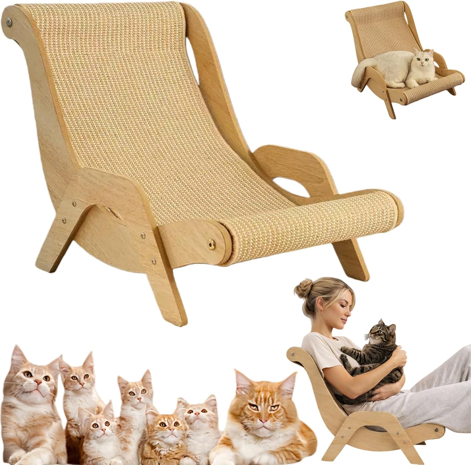 2026 New Cat Recliner Scraper Board, 2 in 1 Wood Frame Cat Scratcher Sofa, 23.6" Large 2 in 1 Cats Recliner Scratch Board, Durable Anti-Scratch Nest Fits Larges Cats & Kittens (Small+Replace Pad)