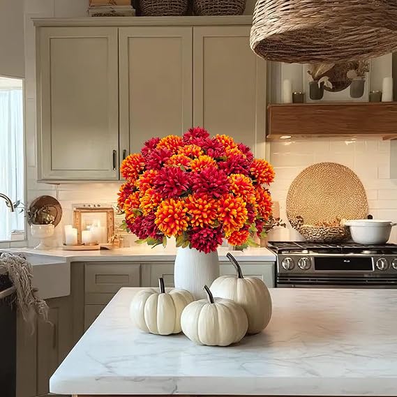 4 Bundles Large Artificial Fall Flowers Faux Mums for Outdoor Planters