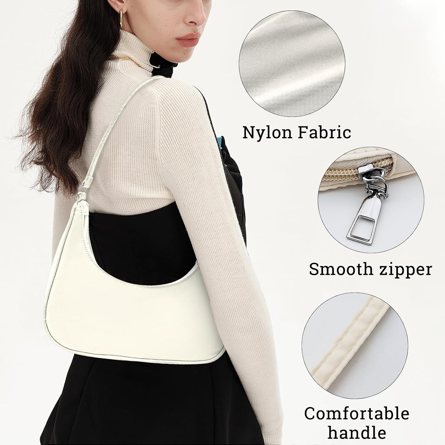 Crescent Bag, Nylon Dumpling Bag with Zipper Mini Handbag for women, Fashionable Luna Bag for Shopping, Dating (black)