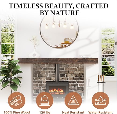 Miniatura 24 de Mantel de chimenea de 60 pulgadas, estante de mantel hecho a mano para sobre chimenea, mantel de madera con soporte invisible resistente, estantes