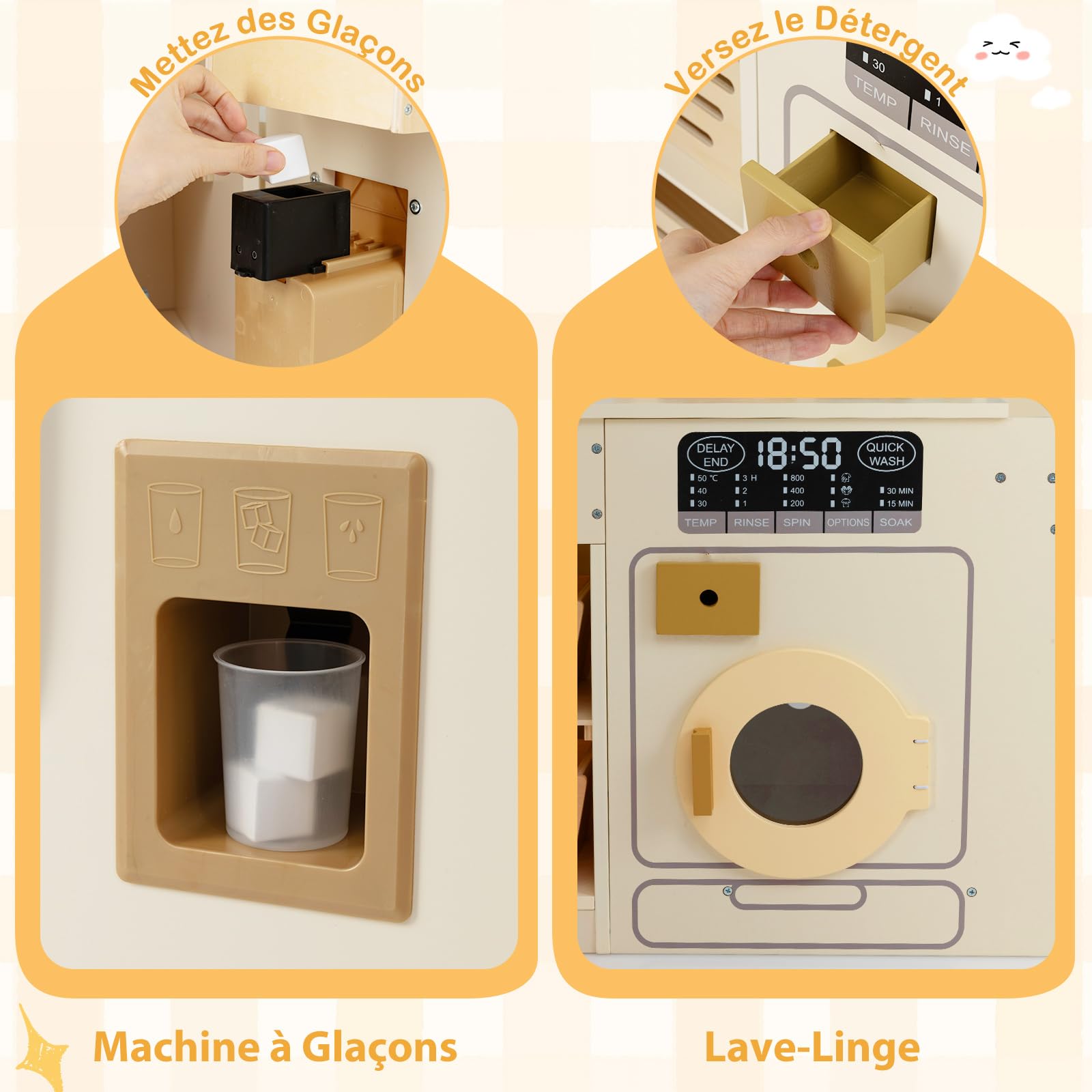 COSTWAY Cuisine d'angle en Bois Enfant avec Lumières & Sons, Jeu de Cuisine Enfant avec Réfrigérateur & Poubelle & Machine à Glaçons & Micro-Ondes, 22 Accessoires & Tableau Noir pour 3 Ans+