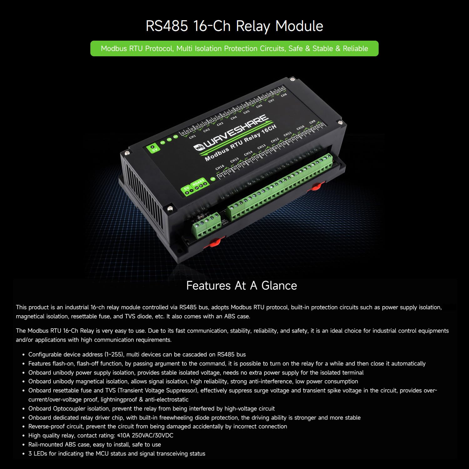 Waveshare Modbus RTU 16-Ch Relay Module, RS485 Interface, with Multiple Isolation Protection Circuits,Apply to Industrial Control,Smart Home,Smart Agriculture,Breeding and Farming