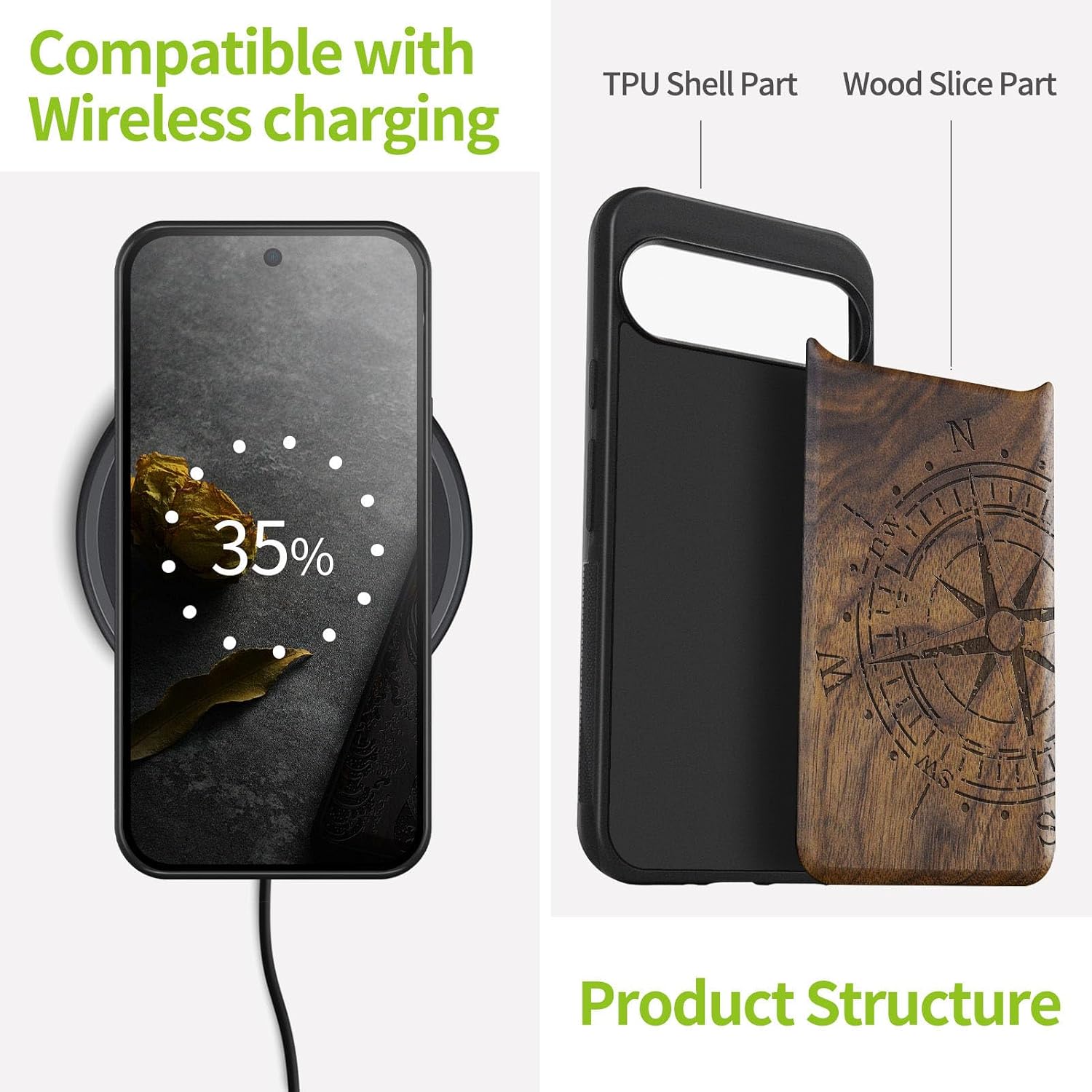 Carveit Wood Case for Pixel 9 Pro Case [Natural Wood & Black Soft TPU] Shockproof Protective Unique Wooden Cover Compatible with Google Pixel 9 Pro (The Incomplete Compass-Walnut)