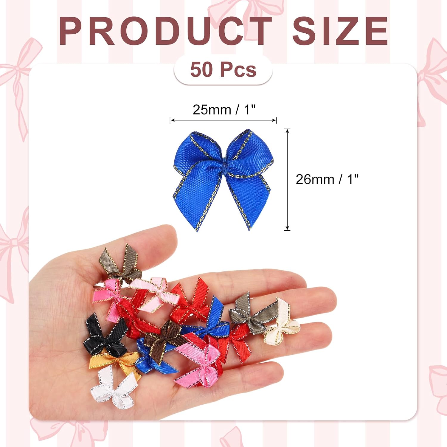 MECCANIXITY Mini Metallic Edge Ribbon Bow. 25x26mm Satin Gold Edge Ribbon Bow Appliques for Crafts DIY Hair Bows Sewing Wedding Party Christmas Decoration, (Pack of 50, Dark Blue)