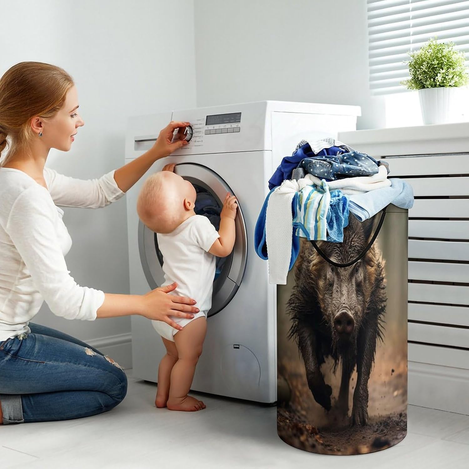 Wild Boar Photos Laundry Basket Freestanding Laundry Hamper with Handles Waterproof Dirty Clothes Hamper Collapsible Washing Bin Aesthetic Clothes Basket for Bathroom Bedroom Dorm