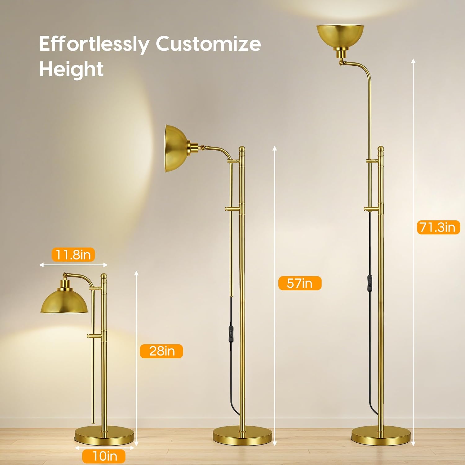 Gold Floor Lamp, Industrial Modern Standing Lamp with Remote Control, 71" Height Adjustable, Finish Rustic Farmhouse Tall Reading Lamp for Bedroom, Over Couch Arched Reading Light