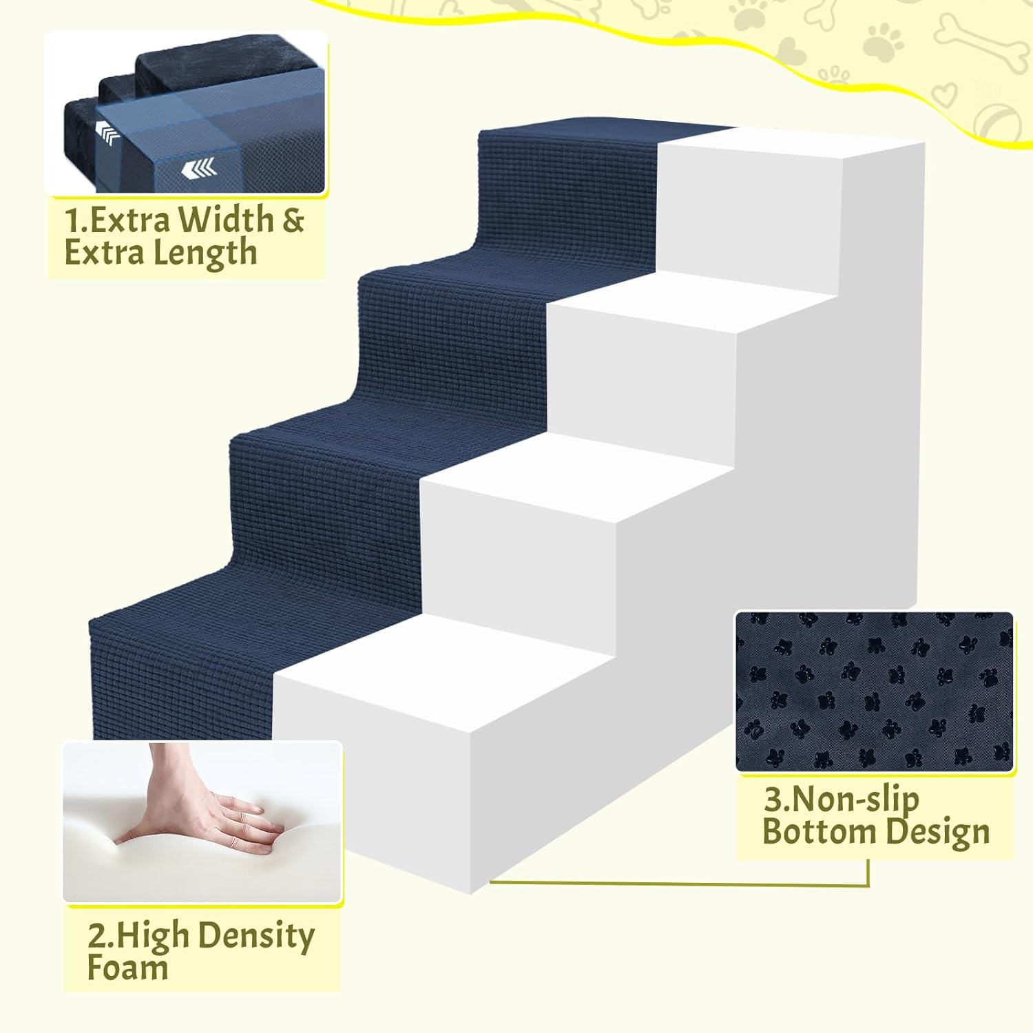 Niubya Dog Stairs for Small Dogs and Cats,18'H Non-Slip Bottom Pet Steps for High Beds and Couch,High-Density Foam Pet Stairs Navy,4 Steps