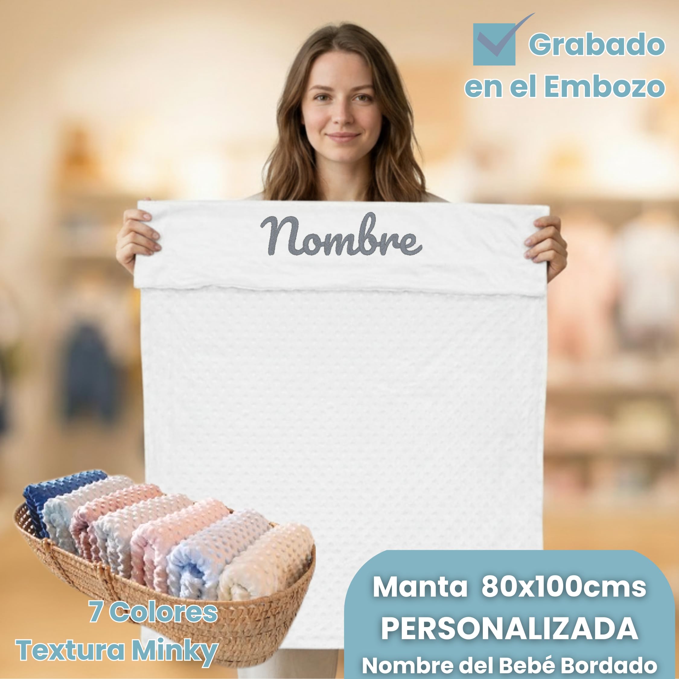 Cesta Bebé Recién Nacido Niña Velvet Deluxe (Rosa) | Canastilla con manta burbujas y Dou Dou bordados, set cosmético, primera puesta, pastel de pañales y marco del nombre