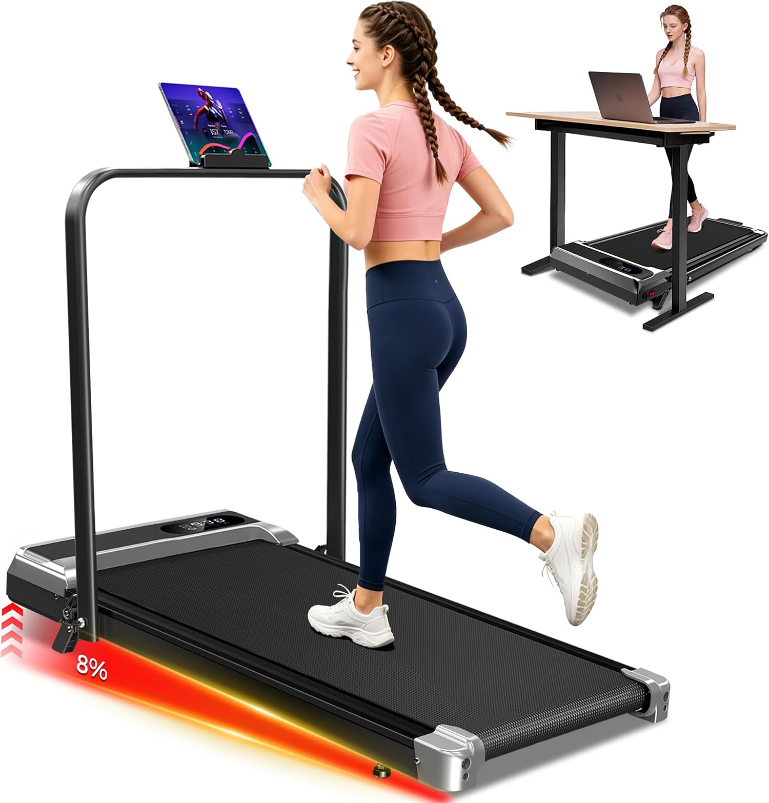 Walking Pad Treadmill with 8% Incline - Portable Home Tread Mills Quiet Machine Compact Fold up Indoor, 3.0HP Walk Running Pads with Handle Bar, Easy Assembly, Up to 350LBS Capacity