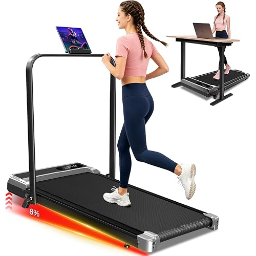 Walking Pad Treadmill with 8% Incline - Portable Home Tread Mills Quiet Machine Compact Fold up Indoor, 3.0HP Walk Running Pads with Handle Bar, Easy Assembly, Up to 350LBS Capacity