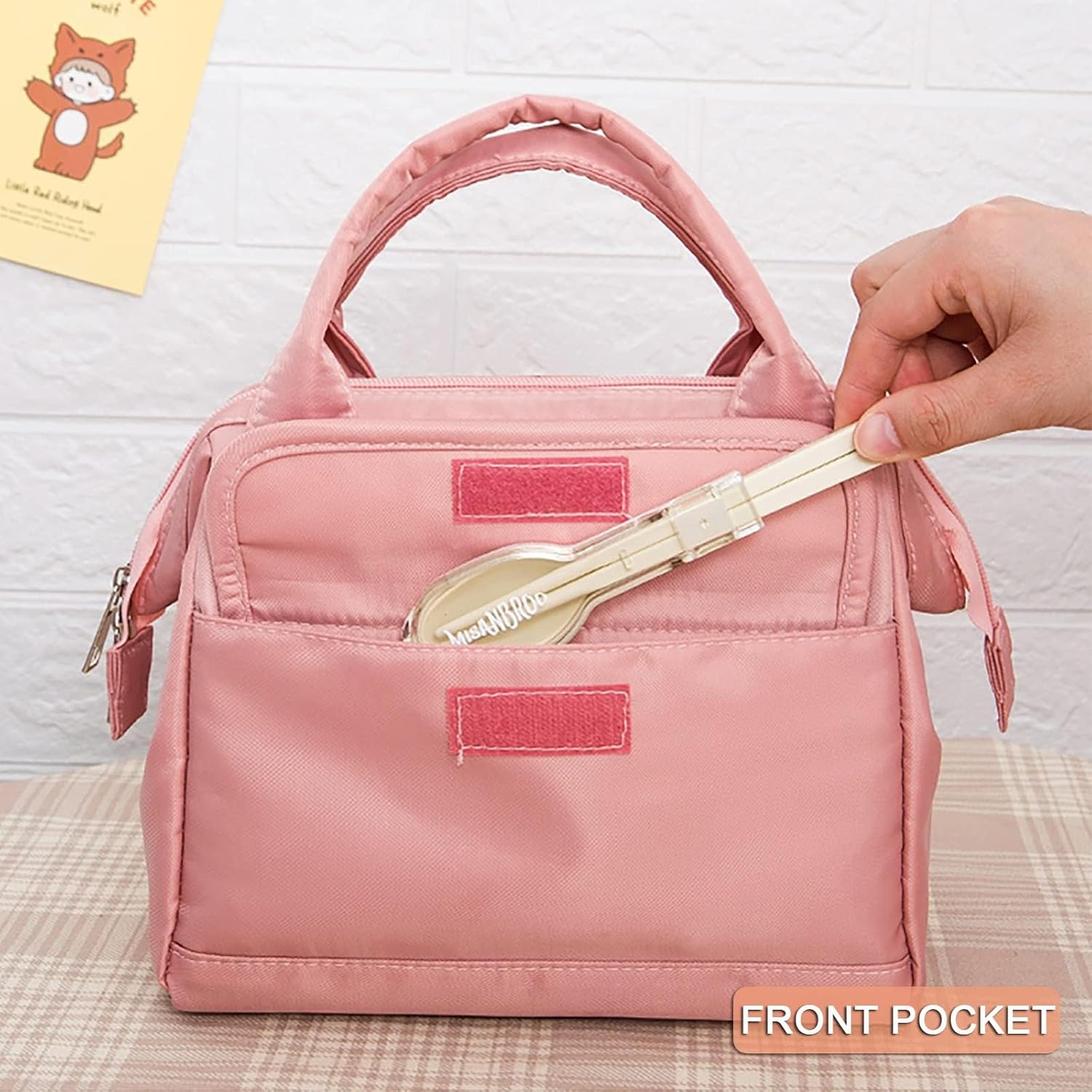 Kawaii Lunch Bag with Kawaii Pins Cute Aesthetic Lunch Box for Women Reusable Large Insulted Reusable Lunch Tote Bag (Pink,Large)