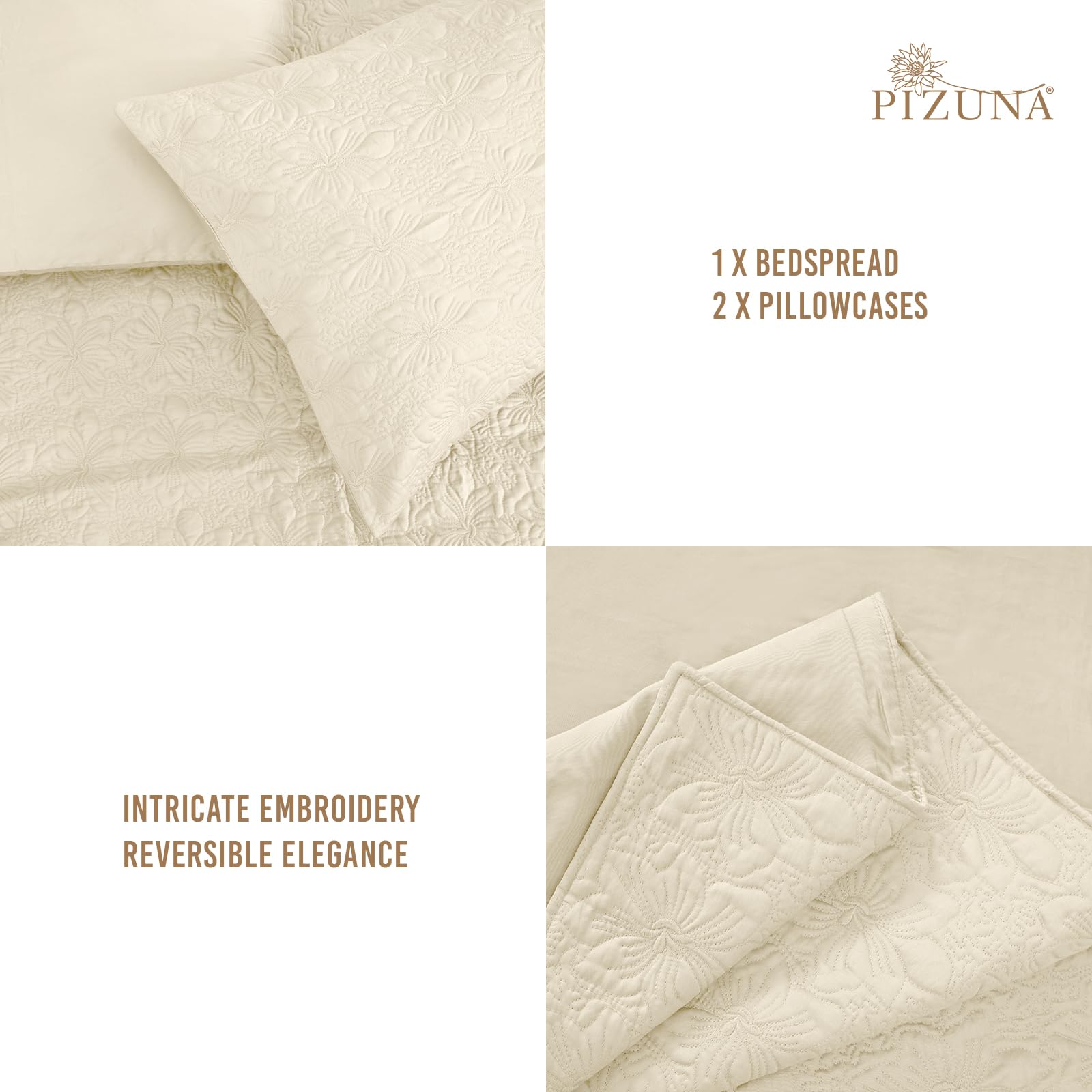 Pizuna Luxurious Cotton Bedspread with 2 Pillow Covers, 400 Thread Count Long Staple Quilted Bed Spread with Soft Polyfill 110X102 Inch Embroidered Cover for Super King Bed, New Ivory 1
