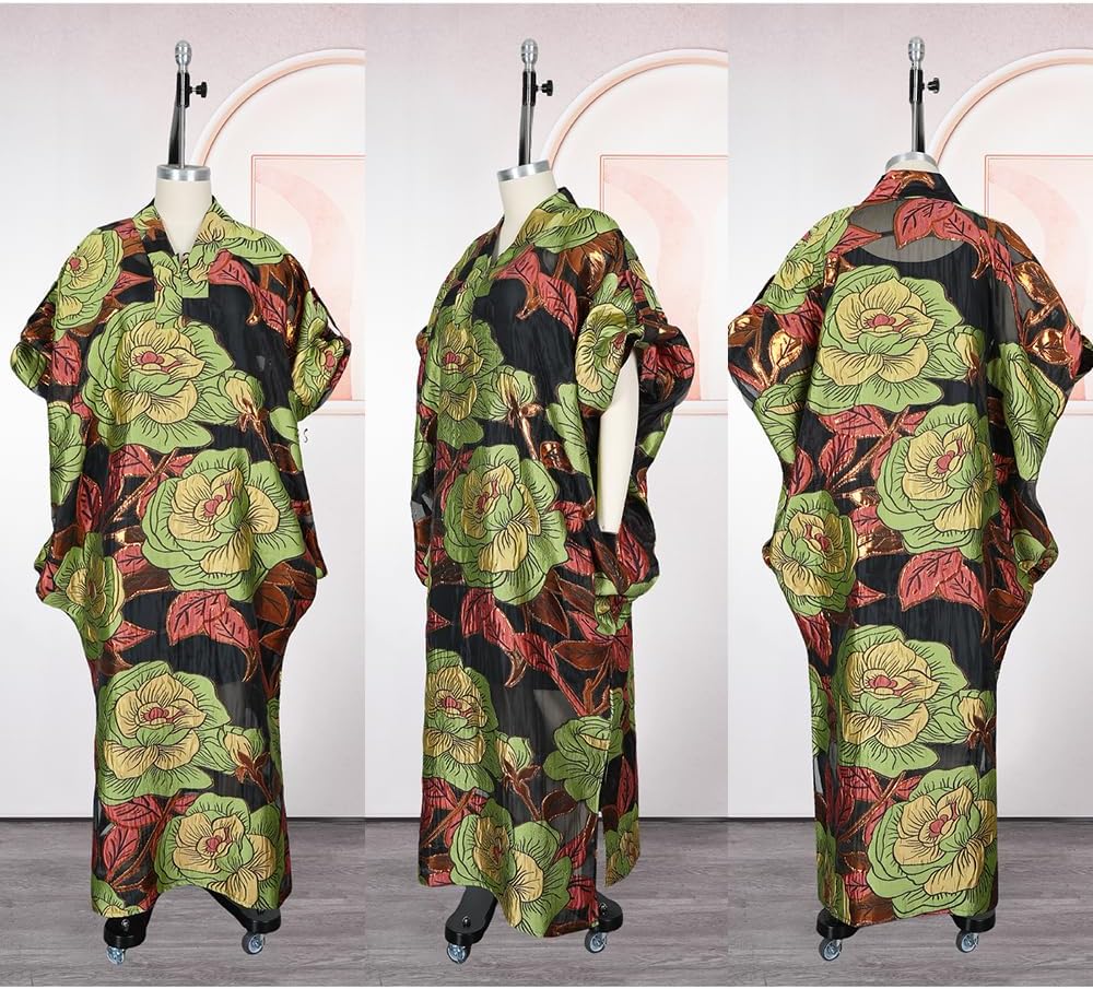HD African Stylish Bubu Dress for Woman Floral Pattern Caftan Gown Adjustable Sleeves with Buckle - Image 6