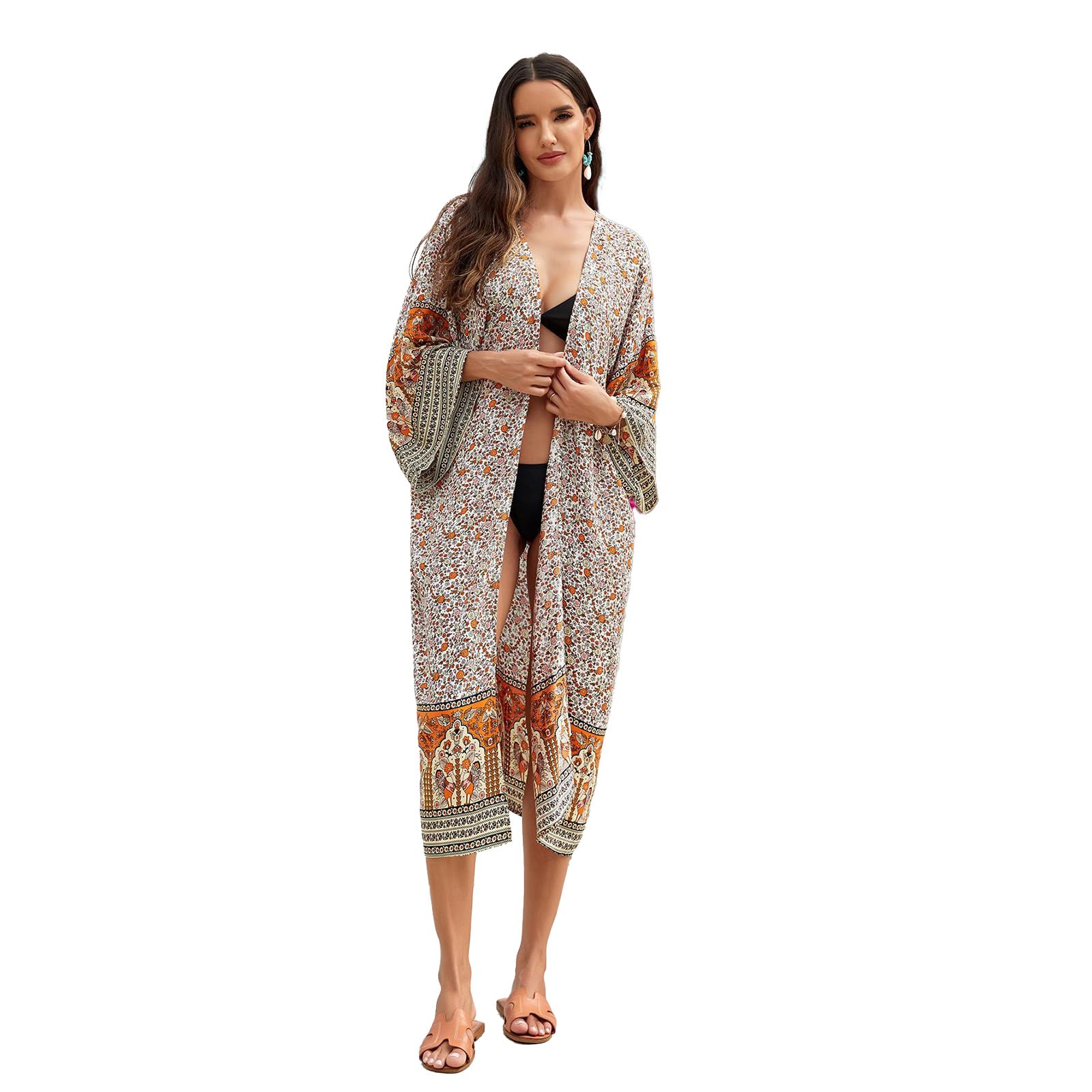 Traje de baño tipo kimono de manga larga para mujer, con flores, frente abierto, holgado, chal, vestido de playa con cinturón