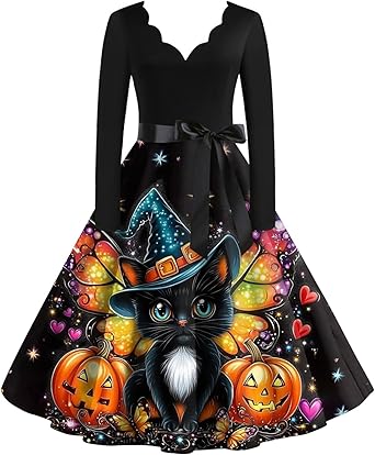 OIOLOYJM Sexy Plus Size Halloween Costumes Woman 2025 Long Sleeve V Neck Printed Gothic Retro Formal Party Dresses for Women