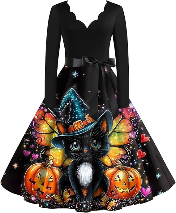 OIOLOYJM Sexy Plus Size Halloween Costumes Woman 2025 Long Sleeve V Neck Printed Gothic Retro Formal Party Dresses for Women