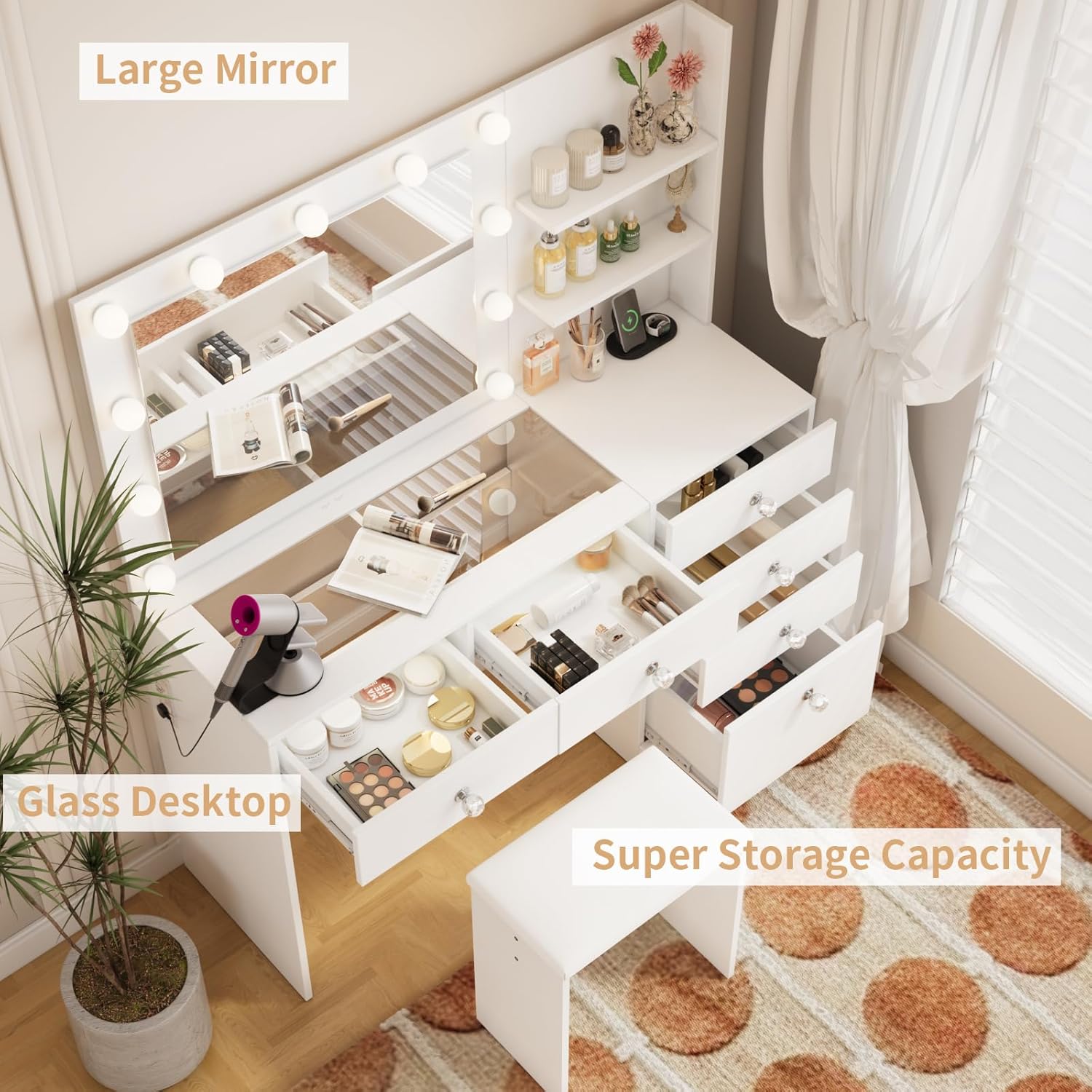 VOWNER 47" Vanity with Glass Top - Makeup Vanity Desk with Outlet, 6 Drawers, 3 Storage Shelves and Mirror, 3 Color Lighting with Dimming Brightness, Makeup Desk with Stool for Bedroom, White