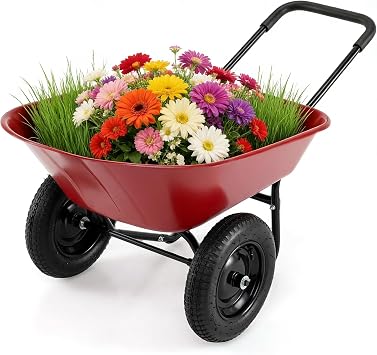 2 Wheel Wheelbarrow, Yard Cart w/All-Terrain Pneumatic Tires & Padded Handlebar, Large Heavy Duty Garden Cart for Lawn, Yard, Farm, Gardening & Planting Red