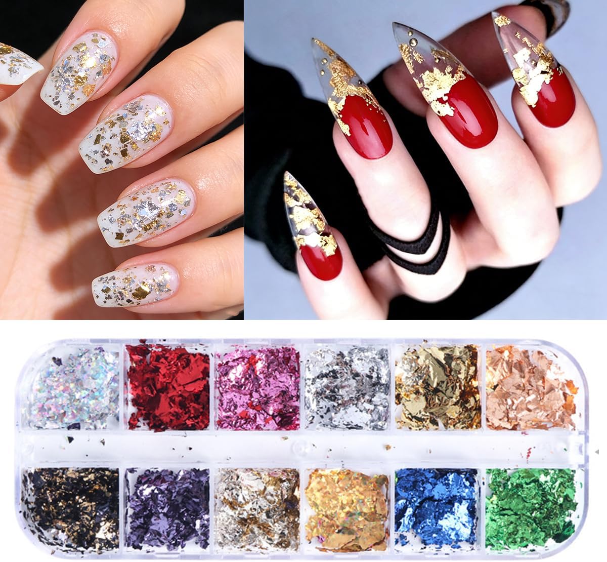 12 Colors Nail Glitter Foils, Ultra Thin Aluminum Flake Sequins, 3D Sparkly Manicure Decorations, DIY Acrylic Nail Art Supplies for Women Girls