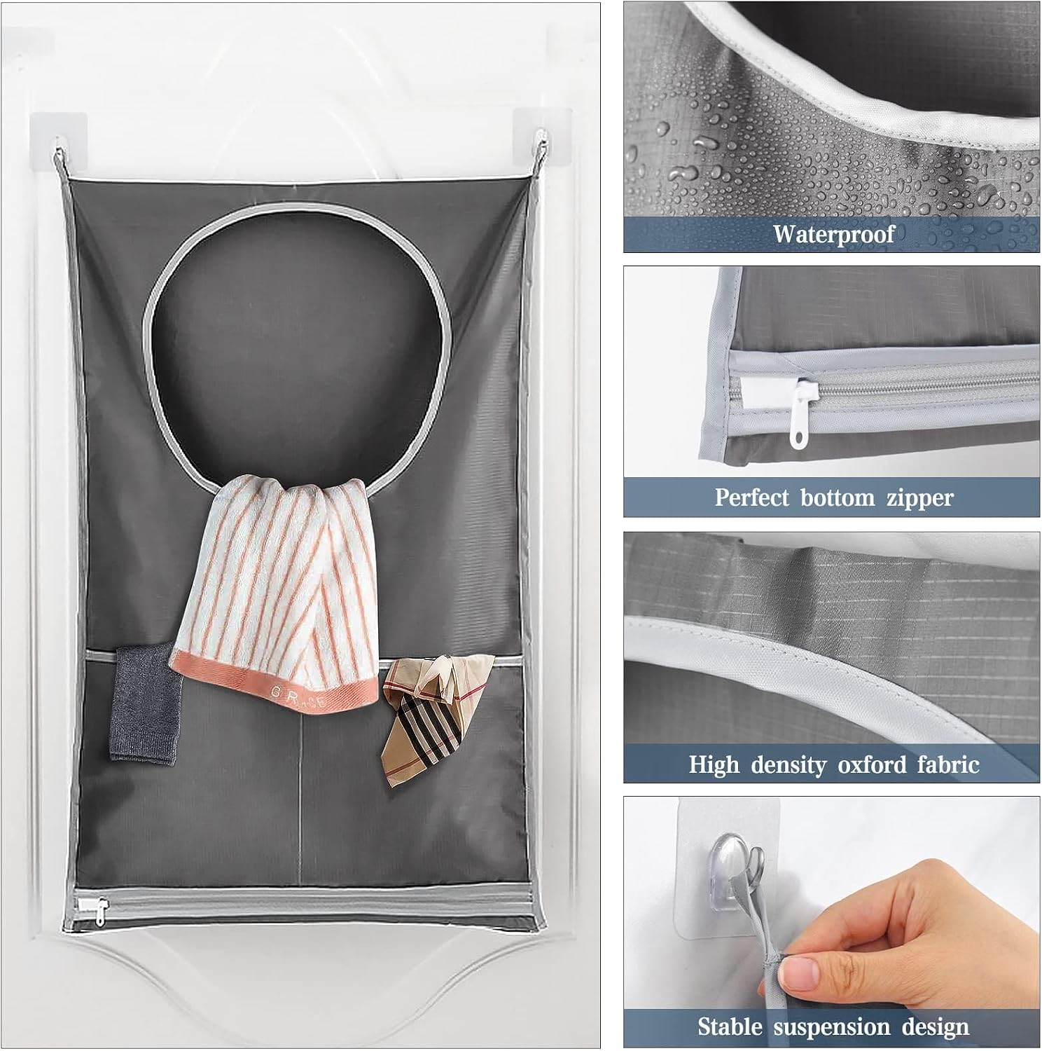 flintronic Hanging Laundry Bag, Hanging Laundry Basket Storage Bag with 2 Stainless Steel Door Hooks and 3 Suction Hooks, for Closet, Dorm, Bathroom image 3