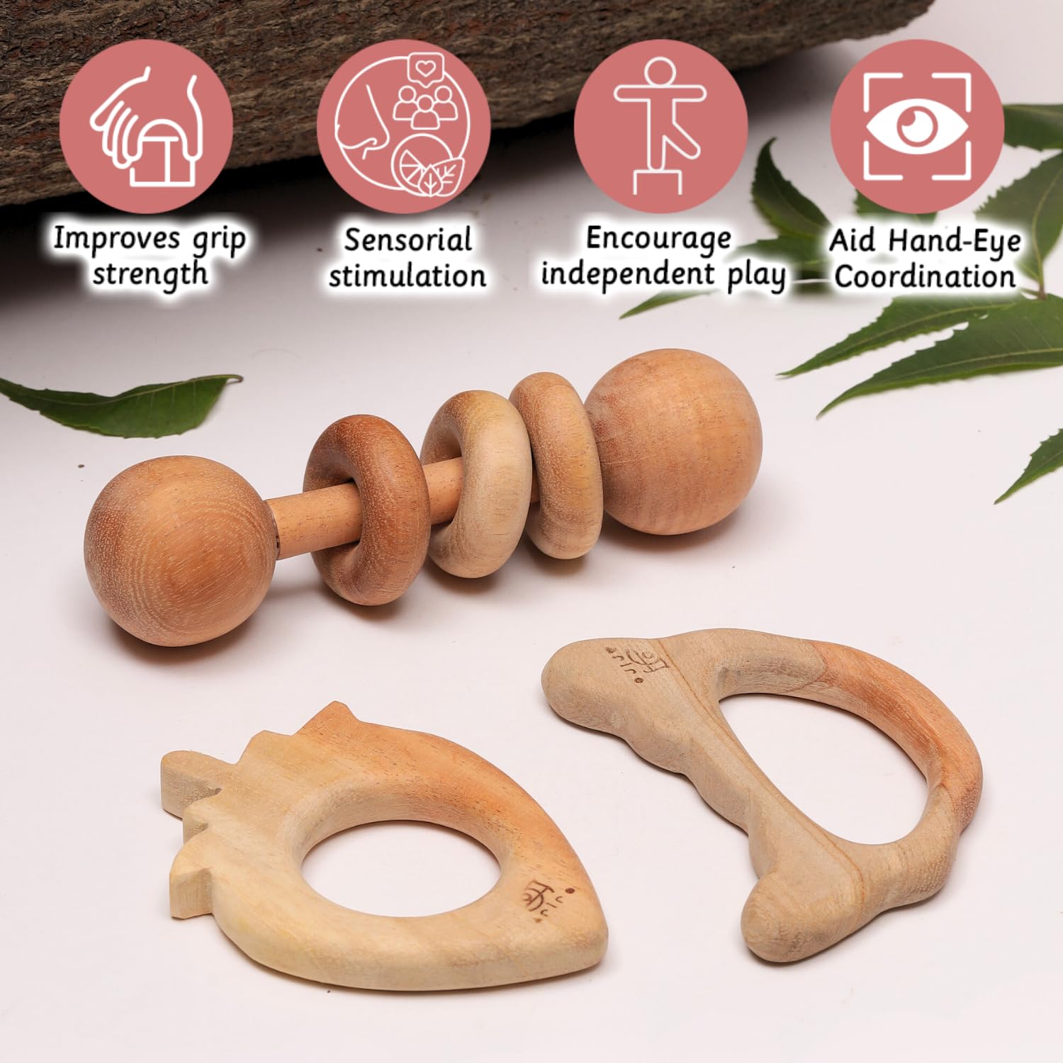 Ariro Wooden Infant Teethers Gift Set 2 For Baby Boy & Girl|Hand Crafted With Organic Neem Wood That Helps Boost Immunity & Aids In Digestion|Easy To Grasp & Chew - Image 4 thumbnail