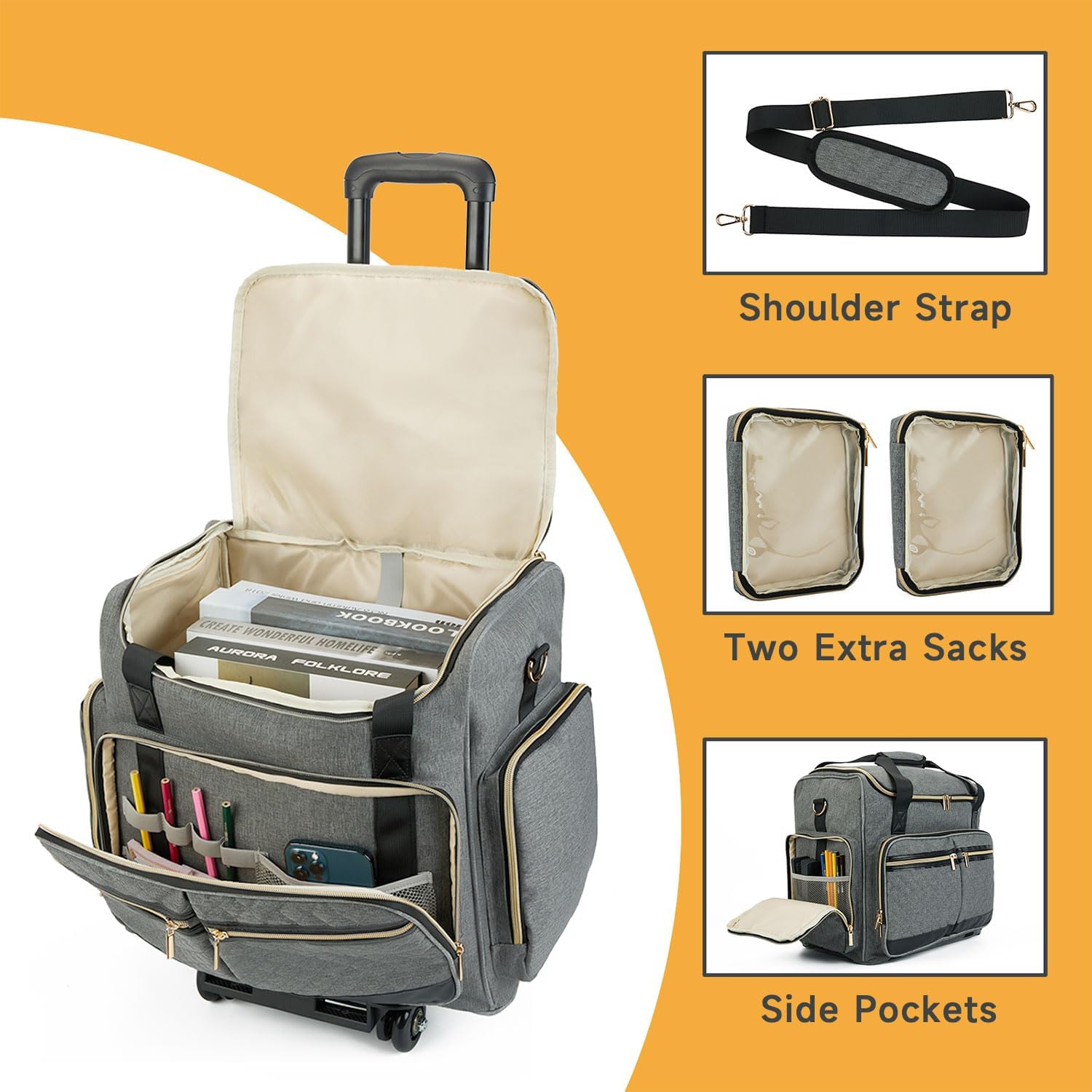 Arxus Rolling Teacher Bag with 4 Wheels, Art Tote Bag for Women with Detachable Dolly, Heavy Duty Briefcase with Padded Sleeves for 15.6” Laptop