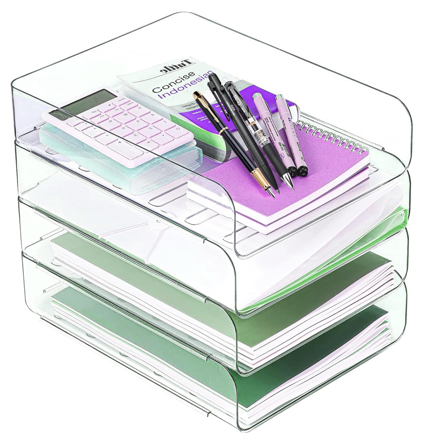 Set of 4 Office Organization and Storage, Clear PET Letter Tray Desk Organizer, Stackable Document Organizer for Notes, Pens, File Paper, Desk