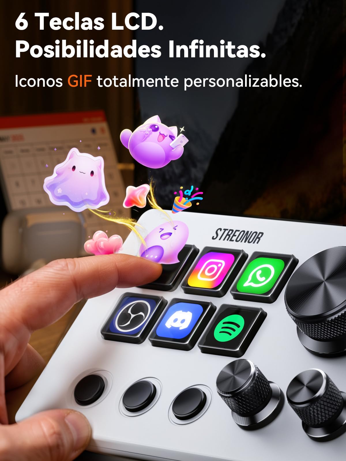 STREONOR Stream Control Deck Mini S6 con 6 teclas y 3 perillas | Stream Controller con 6 teclas 3 perillas 3 Teclas de escena Para OBS, Twitch, streaming y gaming, compatible PC/Mac - Blanco