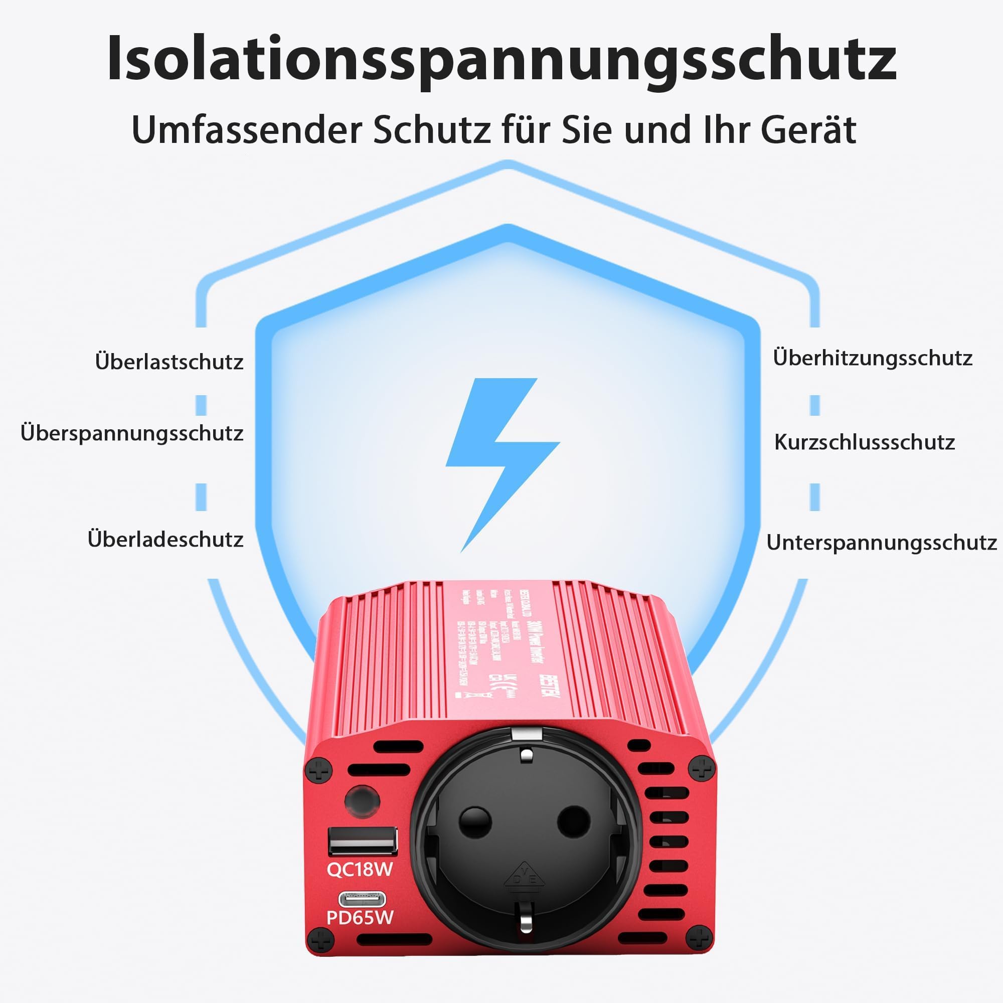 BESTEK 300W Wechselrichter/Spannungswandler 12v 230v /Stromwandler Inverter 12v auf 230v /mit Zertifiziert und Dual USB 4,8 A（PD65W&QC18W） inkl. Kfz Zigarettenanzünder Stecker Rot
