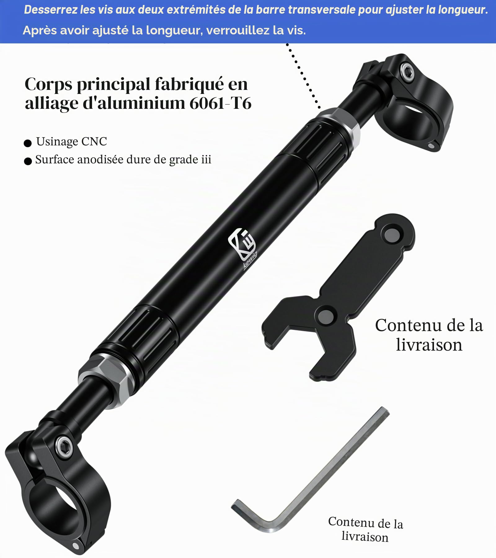 BRCOVAN Barre transversale en alliage d'aluminium pour moto, longueur réglable, extension de guidon, barre d'équilibre de moto, levier renforcé compatible avec guidon de 22 mm de diamètre