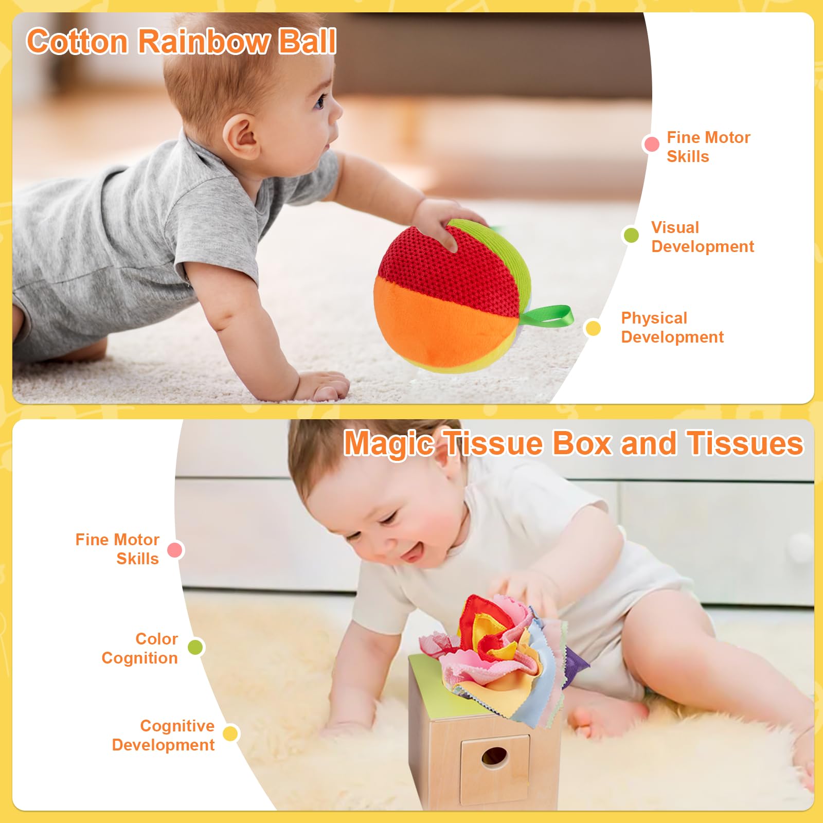 Adena Montessori Kit de Juego para bebés de 0 a 6 Meses, Kit de Aprendizaje 9 en 1 Que Incluye Tarjeta en Blanco y Negro, sonajero Rainmake de Lluvia, Bola sensorial, Tambores de Boca Abajo, Caja de