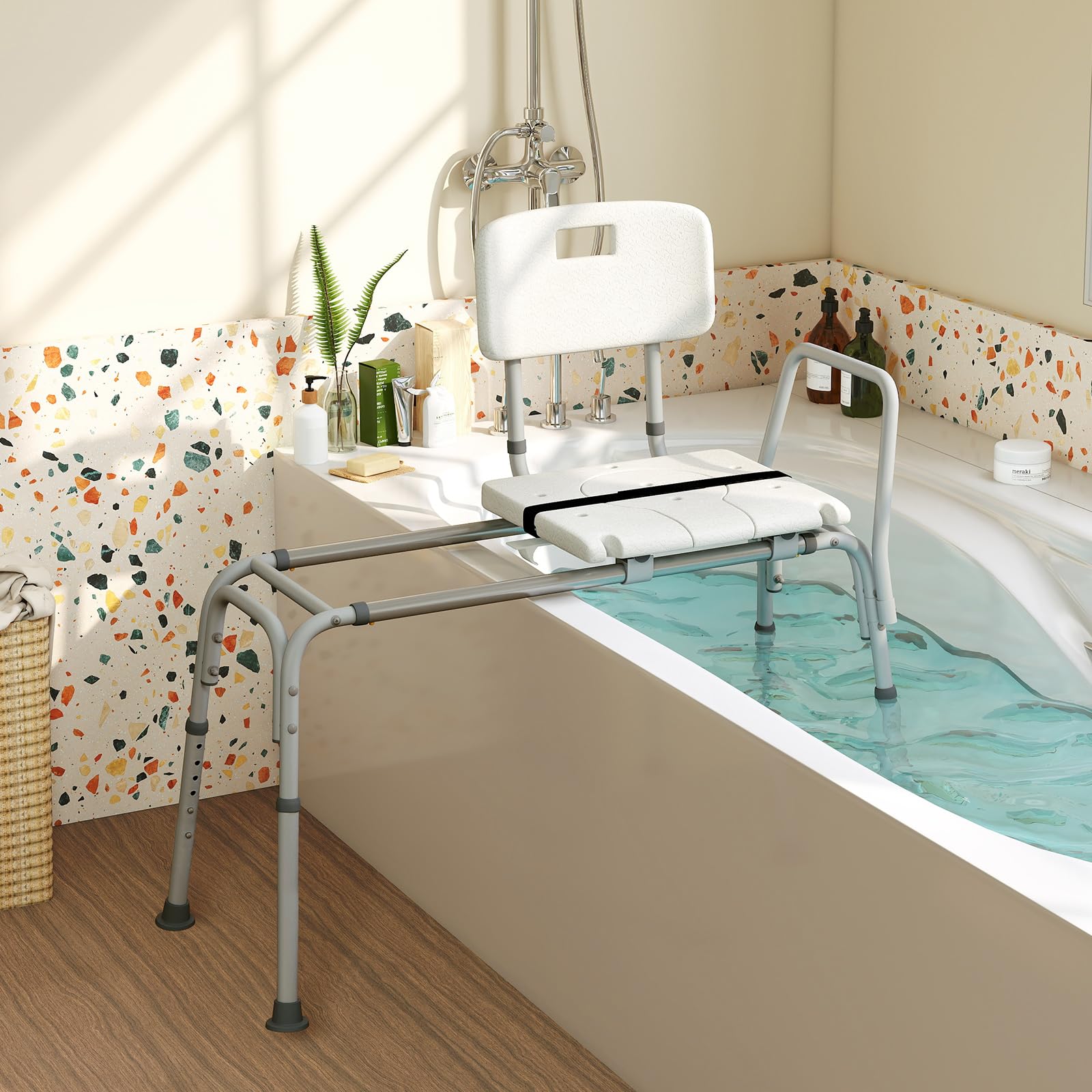 COSTWAY Sedia per Doccia Anziani con Posizione e Altezza Regolabili 105 x 49 x 85-95 cm, Sgabello per Vasca da Bagno con Schienale, Braccioli e Cintura di Sicurezza per Donne Incinte (Modello 1)