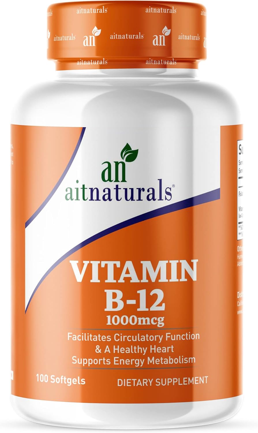 Aitnaturals Vitamin B12 Cyanocobalamin 1000 mcg Supplement 100 Softgels Supports Energy
