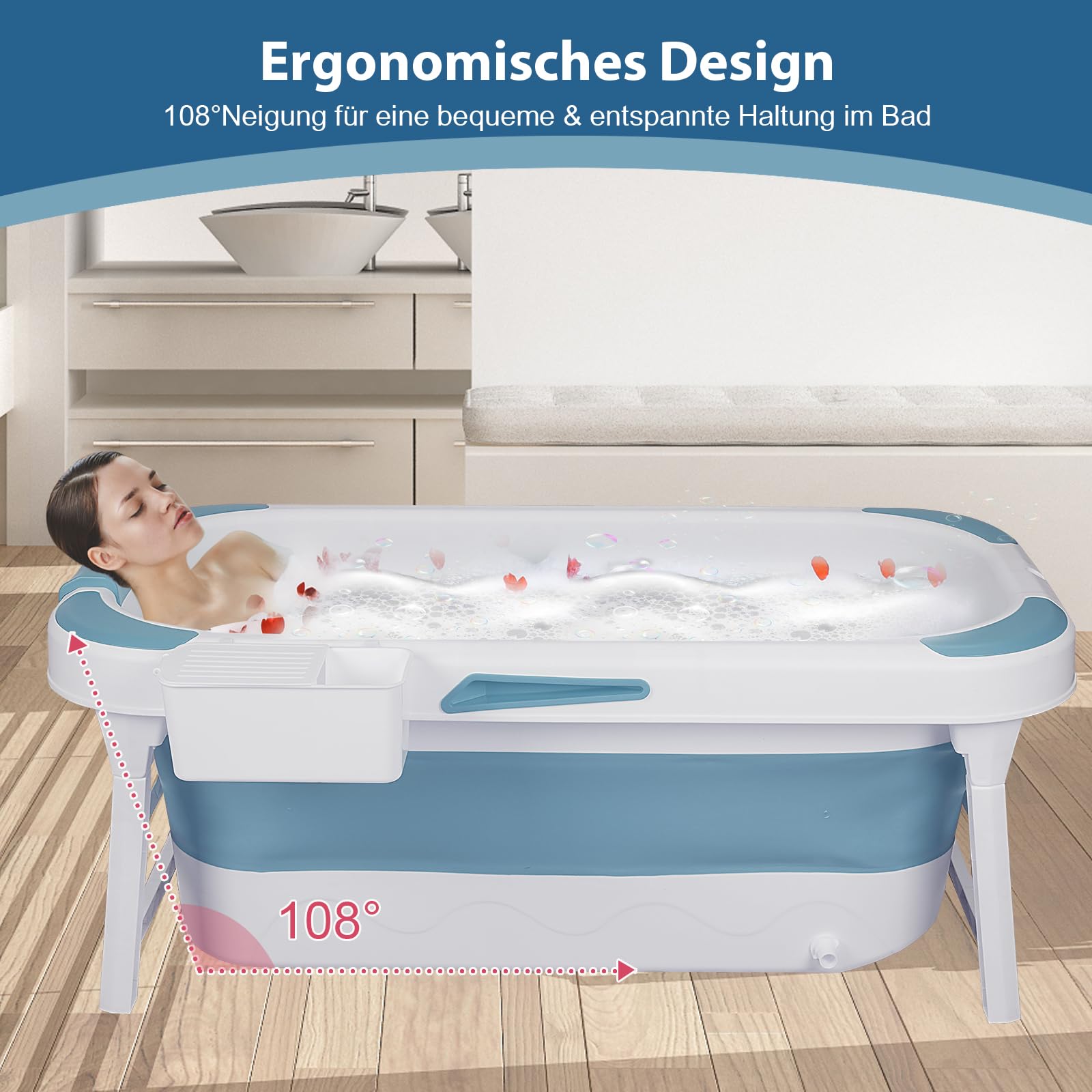 Faltbare Badewanne Erwachsene, Mobile Klappbadewanne mit Abnehmbarer Abdeckung, Tragbare Bathtub für Dusche & Badezimmer, Sitzbadewanne mit Seifenkorb & Nackenkissen Blau