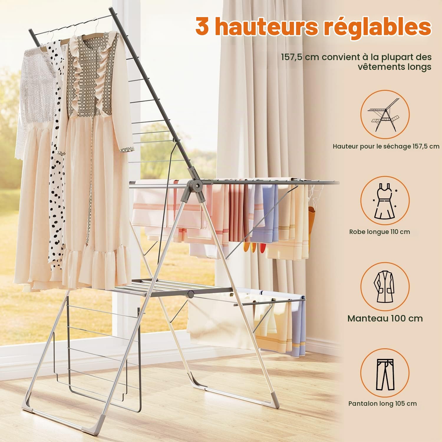 Innotic Séchoir à Linge Pliable à 2 Niveaux en Acier Inoxydable avec 33 Barres - pour intérieur et extérieur - 6 hauteurs réglables en Hauteur - pour vêtements, couettes, Chaussures, Sac