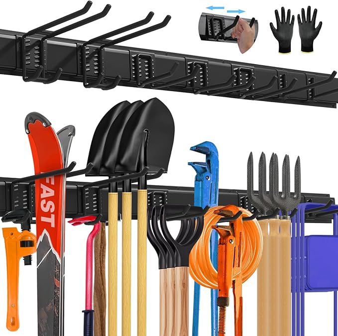 64'' All-Metal Garage Tool Organizer Wall Mount – Heavy-Duty Tool Rack Holds 680 lbs, Adjustable Hooks for Garage, Yard, and Garden Equipment